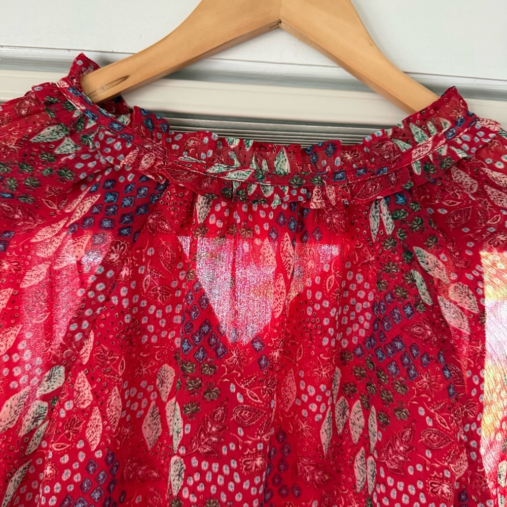 LOFT Red Sheer Printed Ruffle-Neck Blouse - Picture 5 of 5